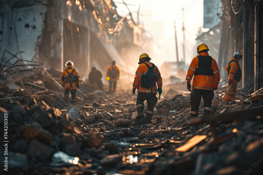 Fototapeta premium Rescue Team Walking Through Disaster Area.