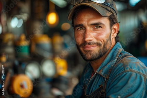 A smiling mechanic stands in a well-lit workshop, eyes friendly and inviting
