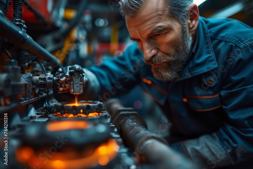 Precise craftsmanship is highlighted in this image where an artisan welds metal with a glowing torch in a workshop