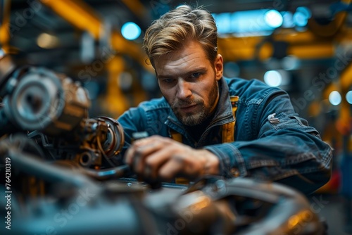 Mechanic with blonde hair intently fixes machinery, amidst orange-hued workshop