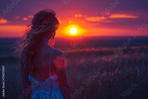 Woman Watching Sunset in Picturesque Field.