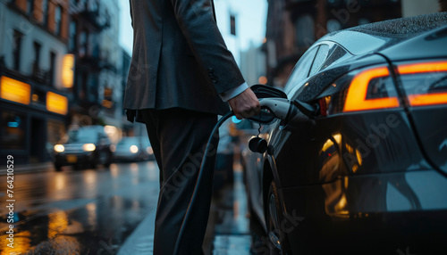 electric vehicle charging station, A Business man in a suit is filling up a car with electricity. The scene is set in a city with cars and buildings in the background. The man is standing in the rain