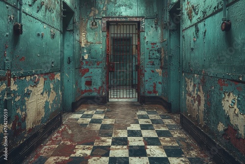 An eerie view of a deteriorated cellblock with peeling paint on metal walls and a checker pattern floor, suggesting desolation