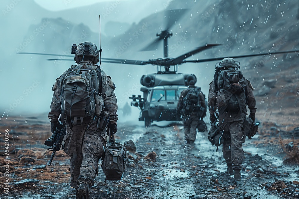 Rain pours down as soldiers march towards a helicopter, with one wielding a radio antenna Rain pours down as soldiers march towards a helicopter, with one wielding a radio antenna