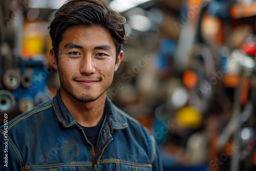 Confident young man with a pleasant smile, blurred backdrop of assorted workshop tools