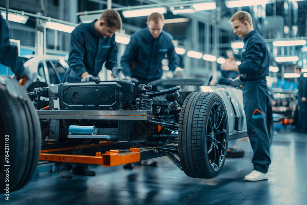 Three men are working on a car in a factory. Scene is serious and focused, as the workers are carefully examining the car's engine