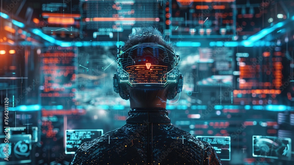 Skilled Cyberpunk Hacker in Futuristic Setting, Surrounded by Holographic Interfaces. Intricate, Code, Virtual Reality, VR, Tech, Technology, Cyber, Futuristic, Digital, Computer
Skilled Cyberpunk Hacker in Futuristic Setting, Surrounded by Holographic Interfaces. Intricate, Code, Virtual Reality, VR, Tech, Technology, Cyber, Futuristic, Digital, Computer