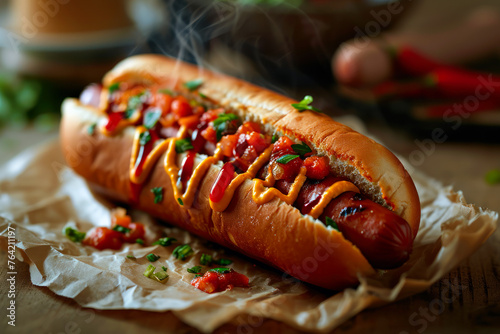 Delicious Gourmet Hot Dog with Toppings.