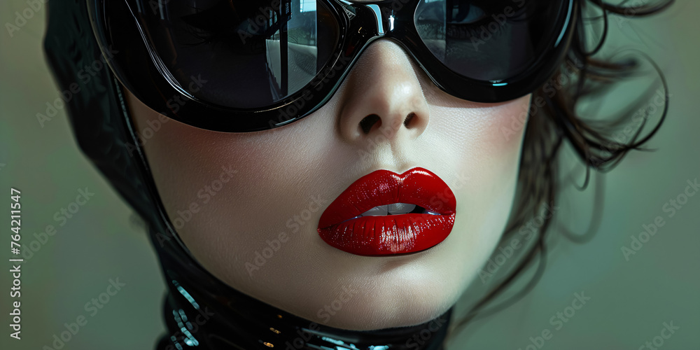 futuristic woman dressed in dark latex with black eye mask - obrazy, fototapety, plakaty 