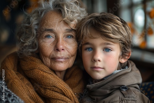 A grandmother and her grandson share a serene moment of connection in this portrait