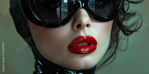 futuristic woman dressed in dark latex with black eye mask photo