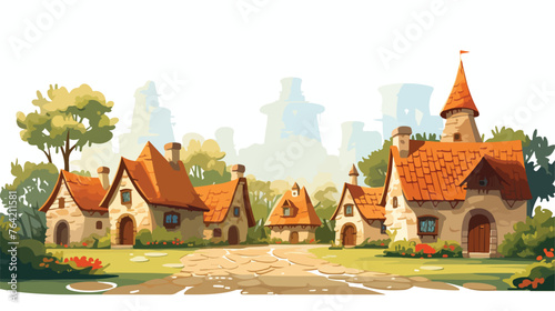 A fantasy village with thatched-roof cottage
