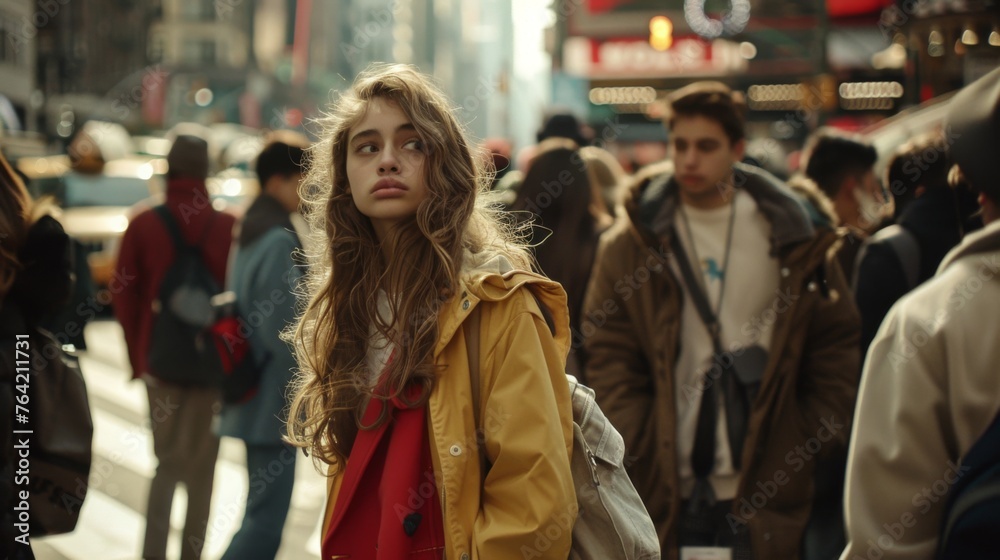 photography of busy street, a lot of people, young people, in street style, one beautiful 25-year-old blonde woman facing the camera, eye level, early spring, soft light, left-side lightning