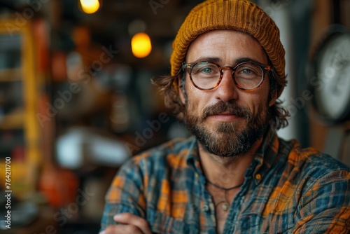 A stylish, bearded man wearing a beanie and glasses poses confidently in a workshop, radiating urban charm photo
