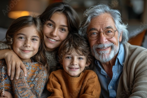 A heartwarming family portrait of a smiling grandfather with two grandchildren, bonding and joy evident