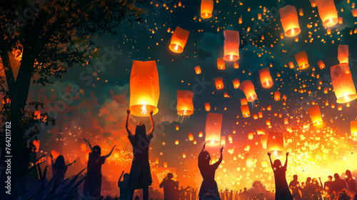 People gathered outdoors, releasing paper lanterns into sky, creating a beautiful, mesmerizing sight as lanterns float upward. Wishful thinking. Hope and joy. Fulfillment of dreams. Banner. Copy space