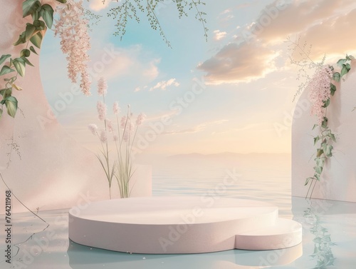 3d render natural beauty podium with sky and beach view background for product display