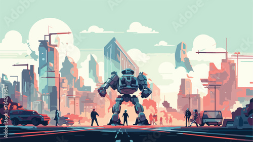 A futuristic cityscape with giant robots patrolling