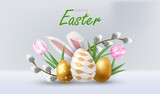 Happy Easter card vector with eggs and flowers. Holiday banner with bunny ears, catkins and flower background. 