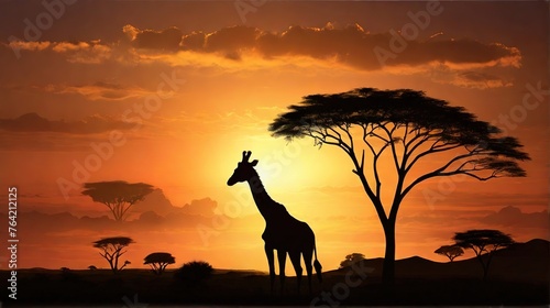silhouette of a giraffe in the savannah at sunset  giraffe at sunset