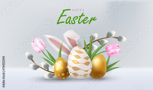 Happy Easter card vector with eggs and flowers. Holiday banner with bunny ears, catkins and flower background.
