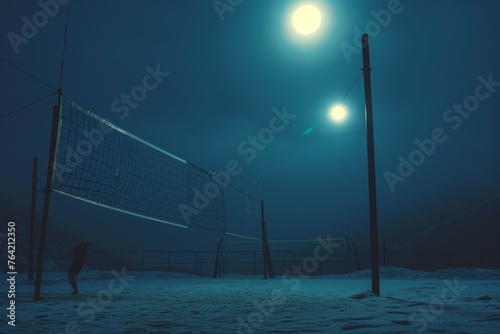 Nighttime Snowfall on a Beach Volleyball Court, A surrealistic interpretation of a volleyball game happening under the bright moonlight, AI Generated photo
