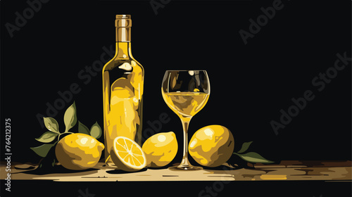 A glass of Limoncello is on the table in a dark roo photo