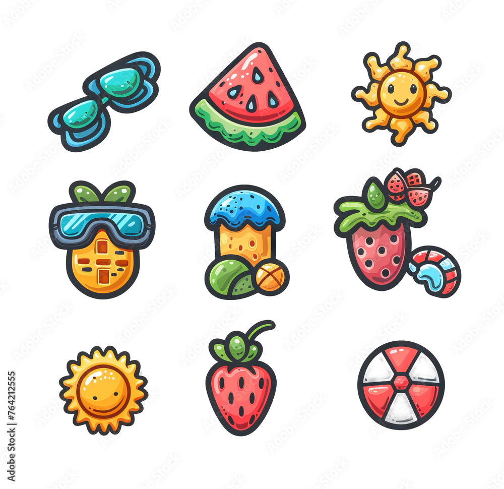 Fototapeta premium Collection of summer tourism and holiday symbols with drinks, sun and vegetation. Summer holiday accessories. Concept: vacations and entertainment, objects clipart