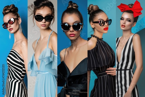 Fashion Models in Sunglasses Collage, vibrant collage of five fashion models in stylish sunglasses, showcasing a blend of elegance and modern chic against a blue backdrop