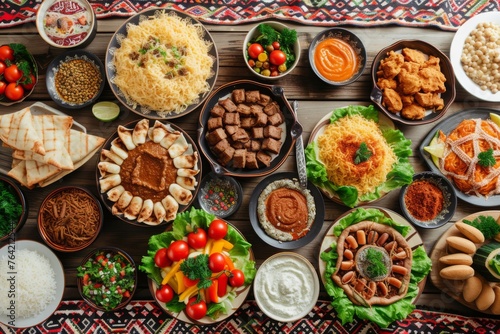 A table filled with an abundant spread of diverse types of food, showcasing a variety of colors, textures, and flavors, A table spread with traditional Islamic Iftar meal, AI Generated