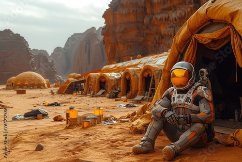 An astronaut seated in contemplation outside a temporary habitat setup on a Mars-like environment photo