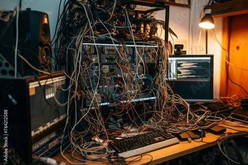 A cluttered desk with multiple tangled wires and cables strewn across its surface, A tangled mess of cords by a home workspace, AI Generated photo
