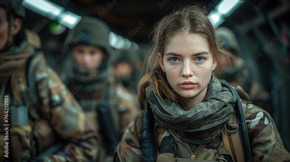 Freckled-Faced Female Soldier on Transport Plane: Wearing Military Scarf, Camouflage, Alongside Comrades