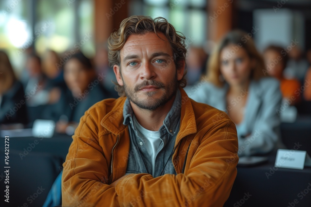 A man with curly hair in a leather jacket appears thoughtful sitting at a conference among others A man with curly hair in a leather jacket appears thoughtful sitting at a conference among others
