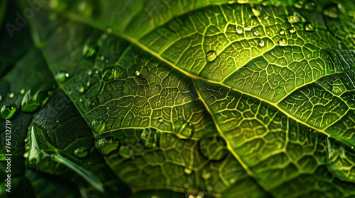 A close-up shot capturing the intricate network of veins on a fresh green leaf, adorned with glistening water droplets. 