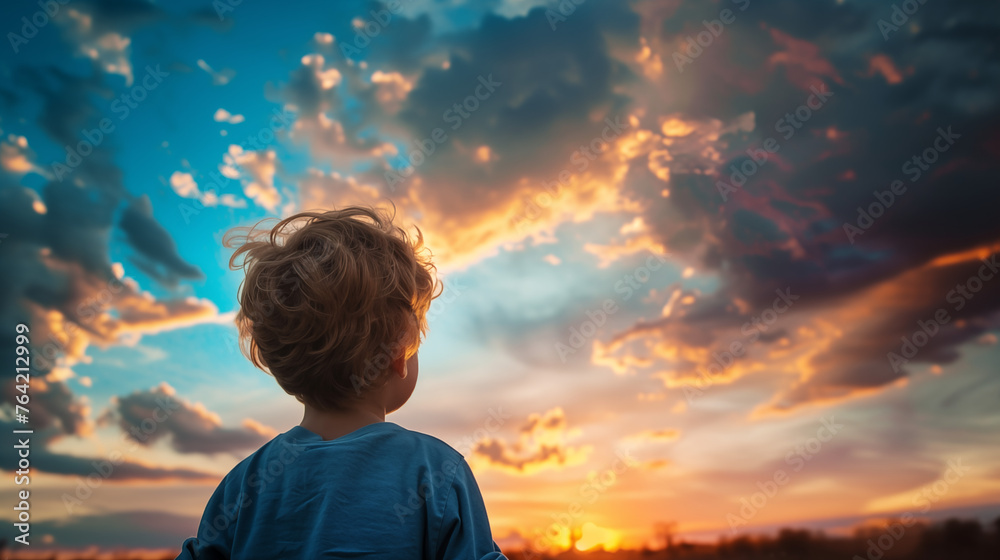 Kid looking at a beautiful sky, symbolizing growth hope aspiration, and future - obrazy, fototapety, plakaty 