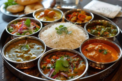 A metal tray filled with a diverse assortment of various types of food items, A traditional Indian thali filled with different vegetarian dishes, AI Generated © Iftikhar alam