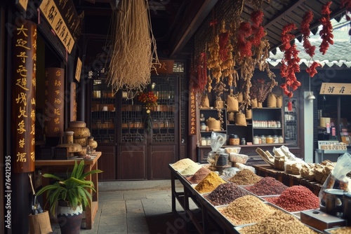 A bustling store filled with a wide variety of food items from different cuisines, offering an array of options for shoppers, A traditional Chinese medicine shop with hanging herbs, AI Generated