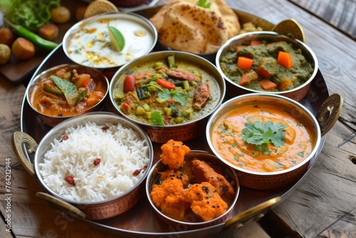 A metal tray filled with a variety of different types of food including fruits, vegetables, meats, and desserts, A traditional Indian thali filled with different vegetarian dishes, AI Generated © Iftikhar alam
