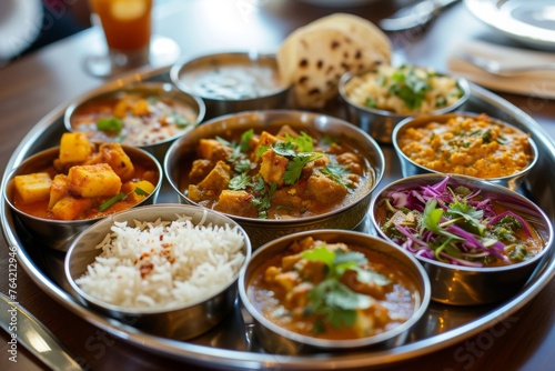 A metal tray is filled with a diverse variety of different types of food, A traditional Indian thali filled with different vegetarian dishes, AI Generated