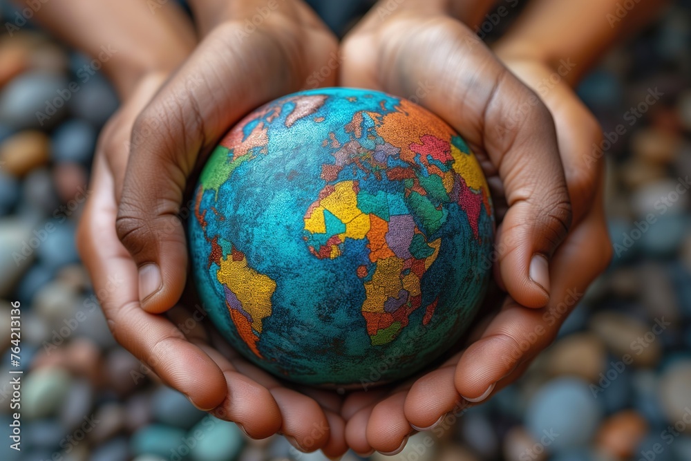 Multiple hands cradle a vibrant, textured globe against a blurred background of pebbles signifying unity and environmental care