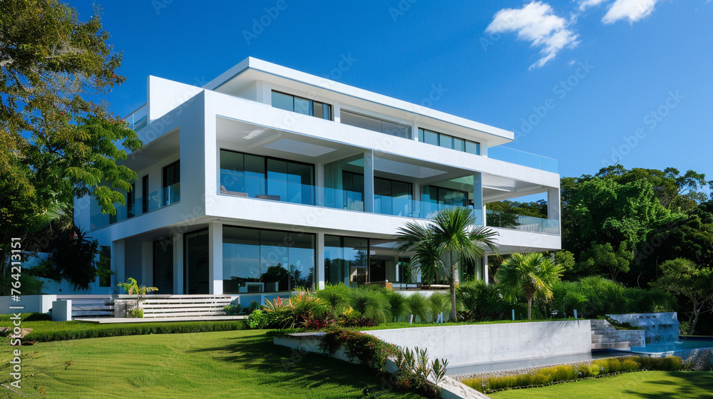A contemporary white villa, bathed in sunlight, its large windows gleaming as they reflect the azure sky, 