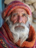 Elderly Indian Man Portrait: Traditional Attire with Wool Hat and Orange Scarf