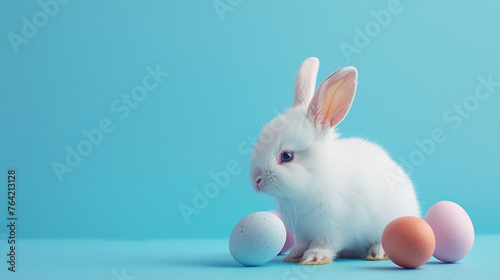 White little rabbit and easter eggs.
