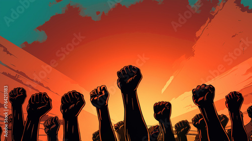 Fists raised in the air in protest, solidarity, resistance, or fight for freedom. Poster style illustration. Riot, angry crowd of people with raised arms, on orange background. Copy space. photo