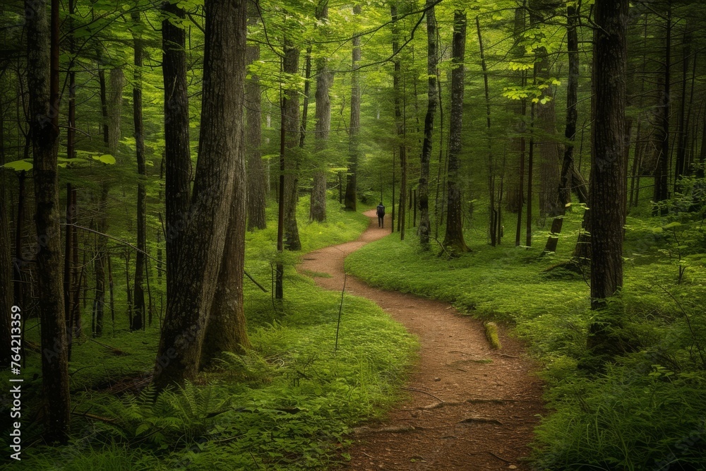 Fototapeta premium A scenic path surrounded by dense green foliage, cutting through the heart of a vibrant forest, A tranquil, secluded forest trail with a lone backpacker navigating the winding path, AI Generated