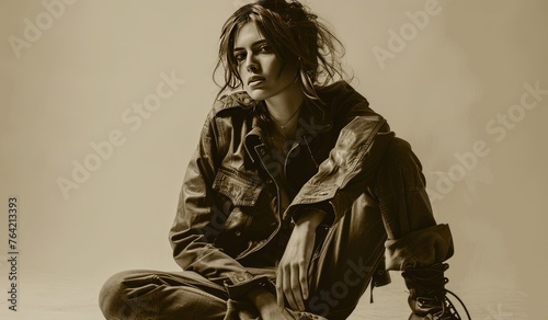 Rugged Denim Elegance, woman's striking presence is captured in sepia tones, her gaze intense, as she sits clad in timeless denim, the texture and mood of the setting echoing a raw and edgy beauty photo