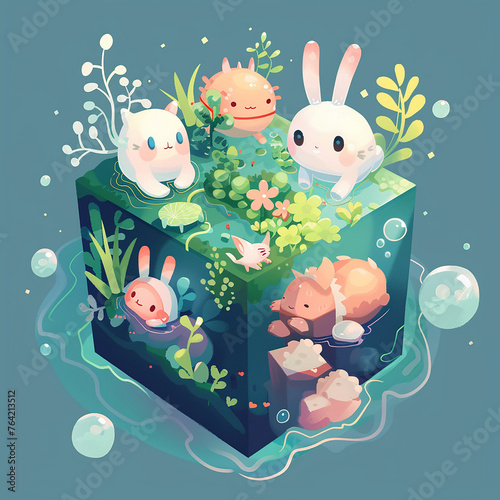 a small cube with plants and little bunny  2d cartoon little bunny in cube concept  Kawaii little rabbit