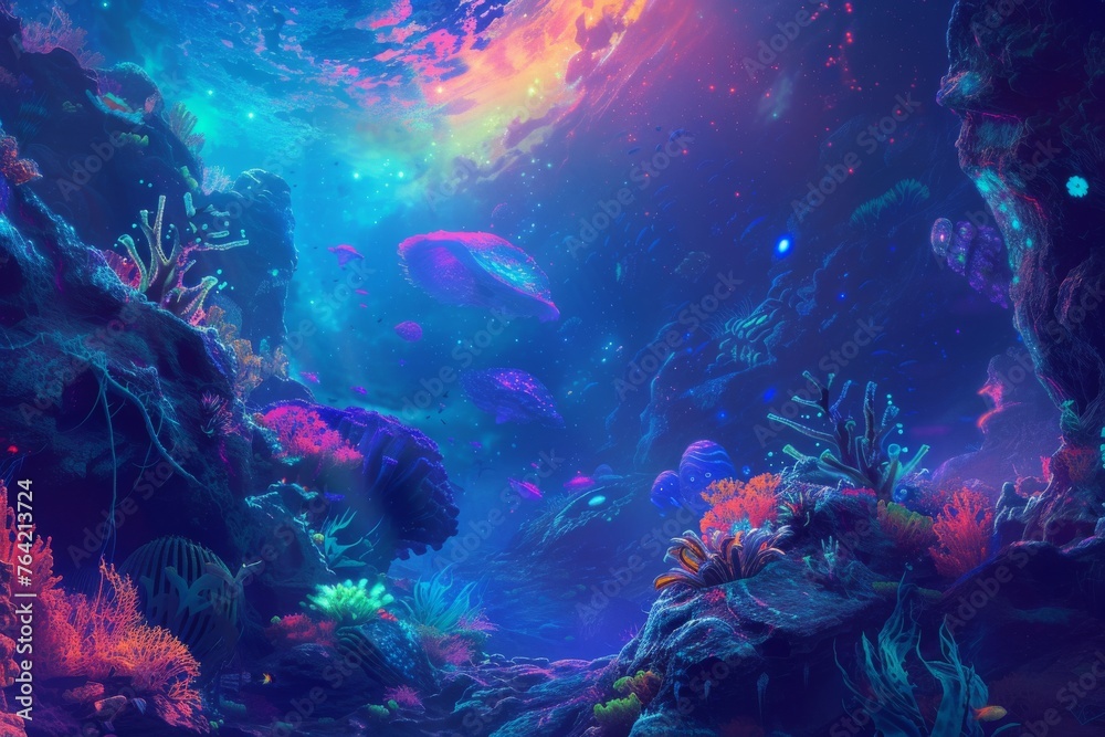 Fototapeta premium This photo depicts a vibrant painting showcasing an ocean scene filled with colorful fish and corals, A vibrant alien ocean with luminescent underwater creatures, AI Generated