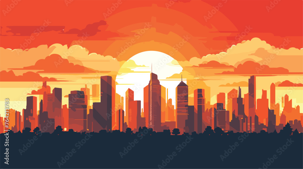 A panoramic view of a city skyline at sunset 